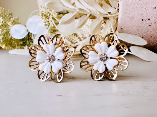 Gold Filigree Flower Earrings, 1960s Vintage Earrings, White and Gold Bridal Clip On Earrings, White Acrylic Petals with Rhinestone Centers