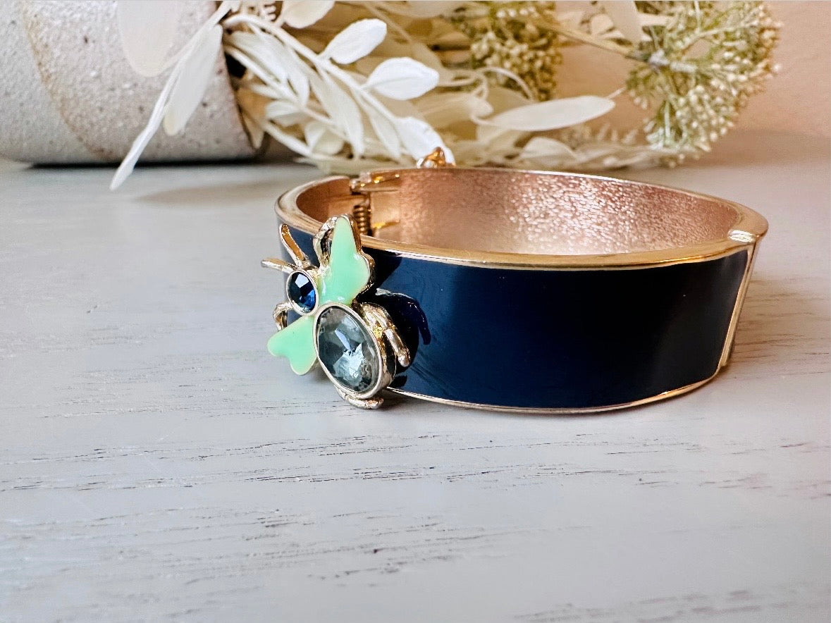 Vintage Cuff Bracelet, Navy Gold and Mint  Enamel Hinged Bracelet with Rhinestone Firefly Bugs, Gold Hinged Clamper Bracelet for Stacking