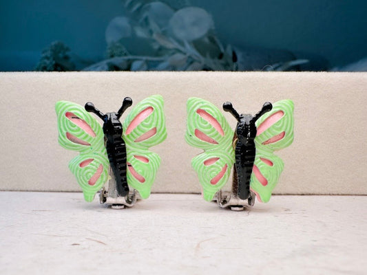 Butterfly Earrings, 1970s Vintage Earrings in Green and Pink, Unique Colorful Enamel Clip-On Statement Earrings, Pretty Pastel Butterflies