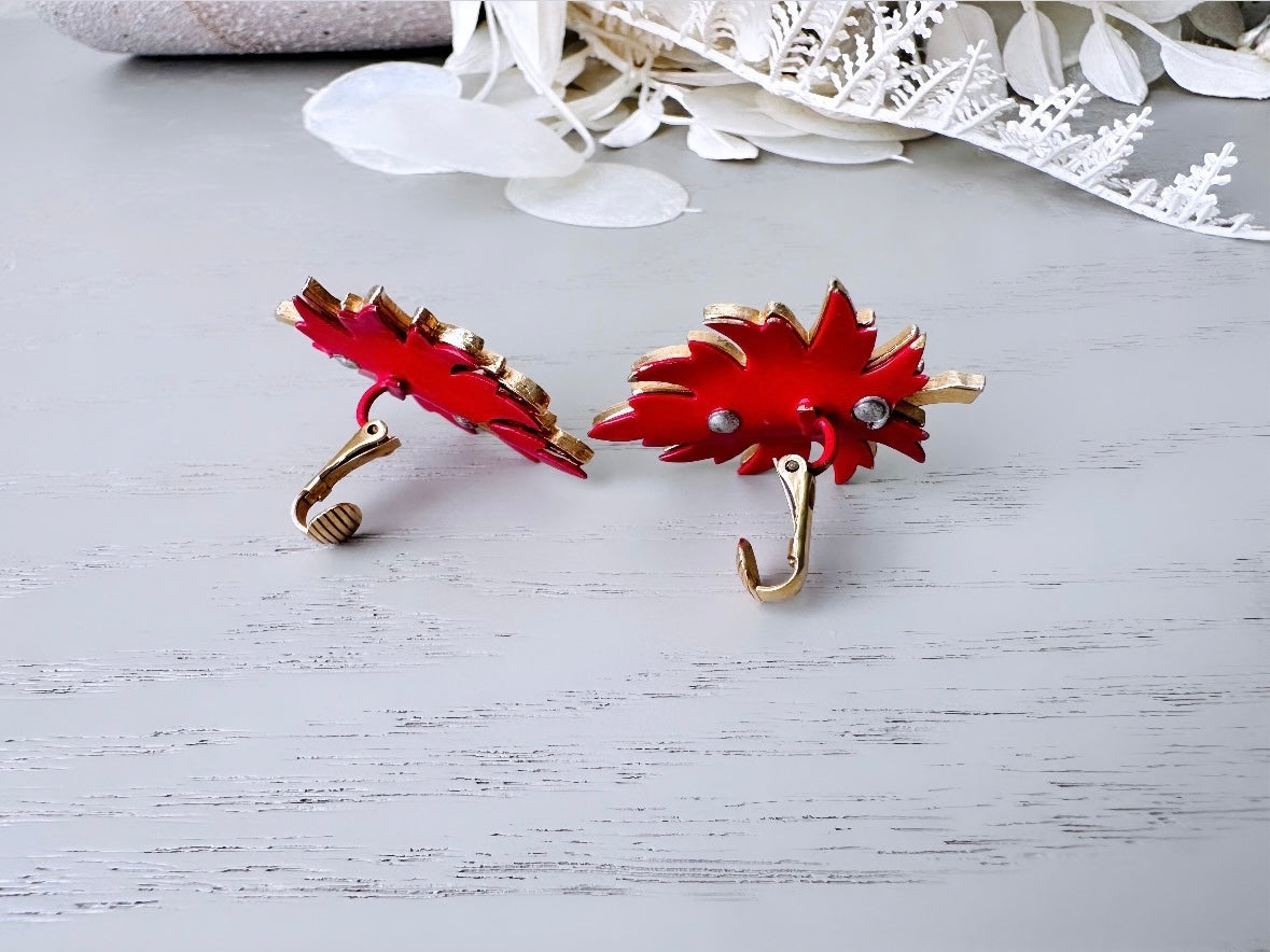 Red and Gold Leaf Earrings, Festive Winter Holiday Earrings, Vintage Enamel Leaf Earrings, 1960s VTG Clip On Earrings, Christmas Gifts