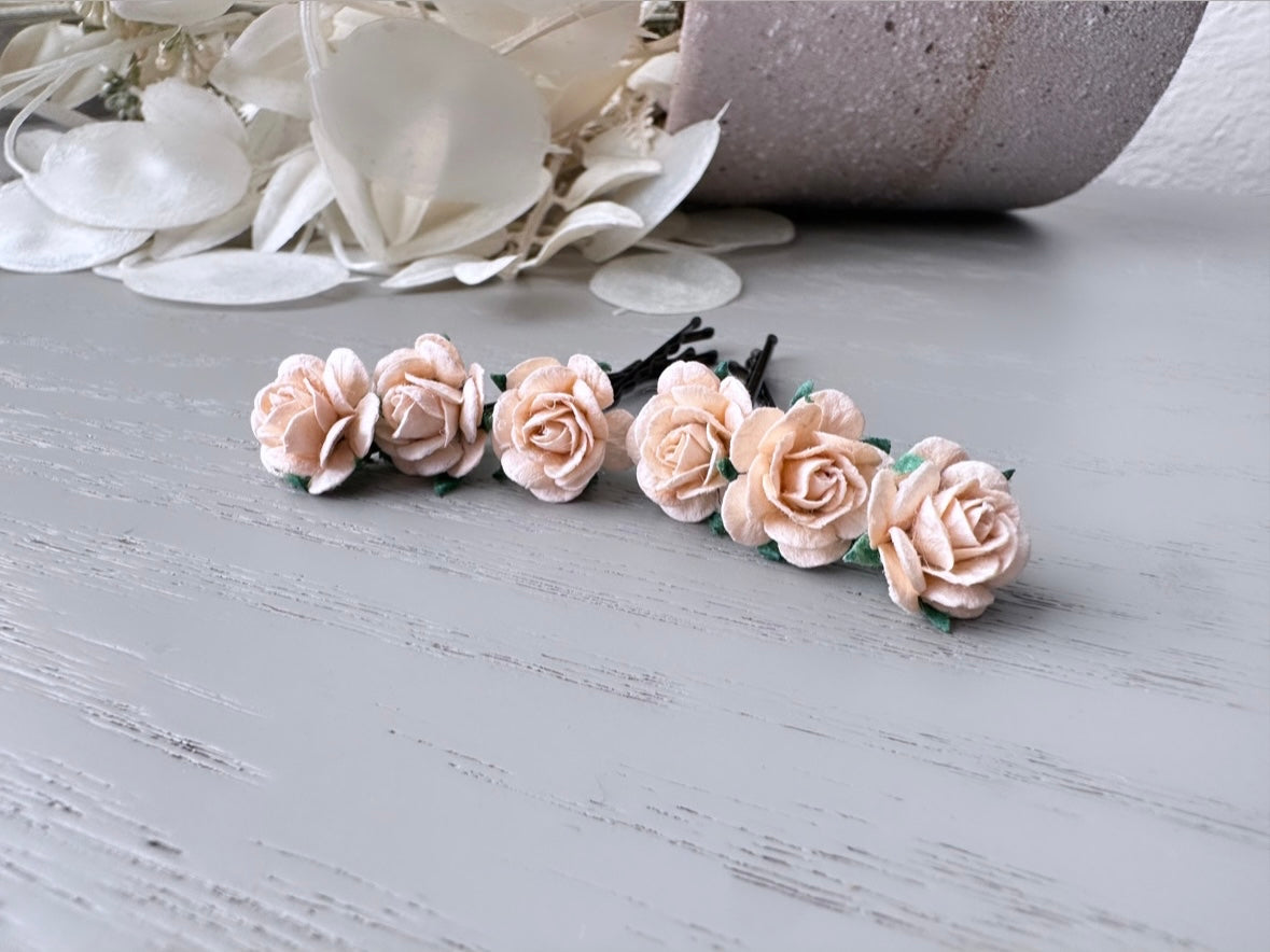 Peach and Mango Rose Hair Pins, Paper Flower Bobby Pins, Summer Wedding Rustic Hair Pins, 6 Floral Hair Flowers