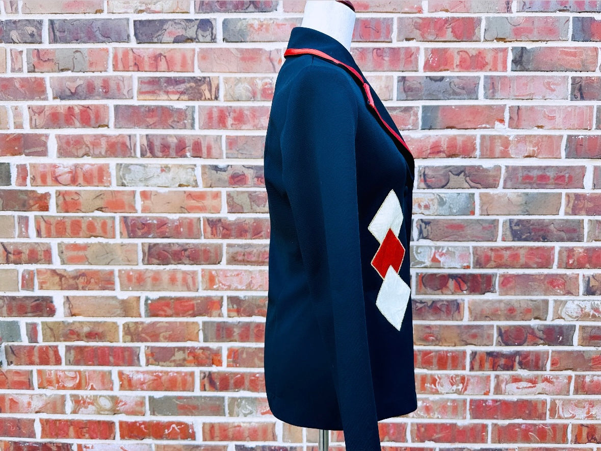Vintage 1970s Blazer, Authentic Vintage Jacket, Awesome Black Blazer Red and Cream Harlequin Detail, Faux Pocket Square, Groovy Big Collar at Piggle and Pop