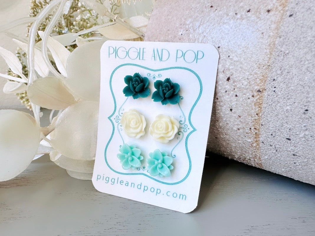 Flower Stud Earrings Set, Emerald Orchid Earrings, Cream Rose Earring, Mint Lotus Earrings, Earring Stud Set, Cute Resin Stud Earrings Fse3