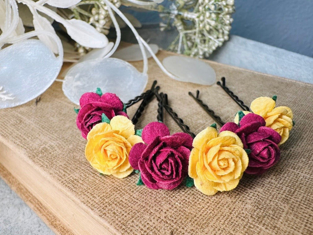 Rose Hair Pins in Marigold Yellow & Plum Wine, Paper Rose Bobby Pin, Floral Hair Accessories, Handmade Flower HairPins for Wedding Prom Hair from Piggle and Pop
