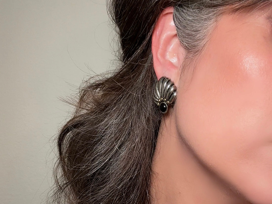 Vintage Silver Fan Earrings with Black Onyx Cabochons, Mixed Metal Art Deco Earrings, Unique Pewter and Gold Vintage Clip On Earrings