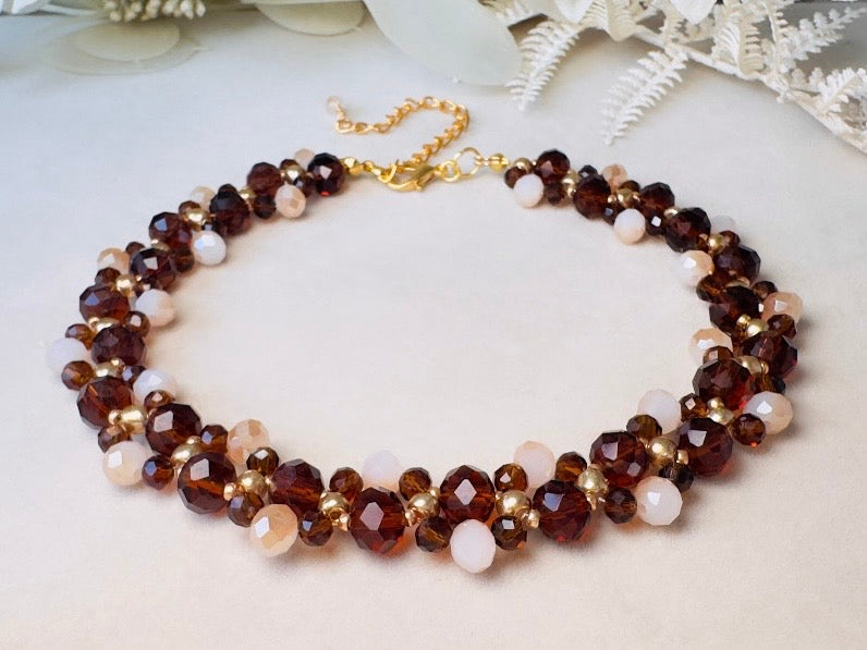 Crystal Choker Necklace, Handmade Beaded Necklace in Fiery Brown, Gold, Amber and Champagne