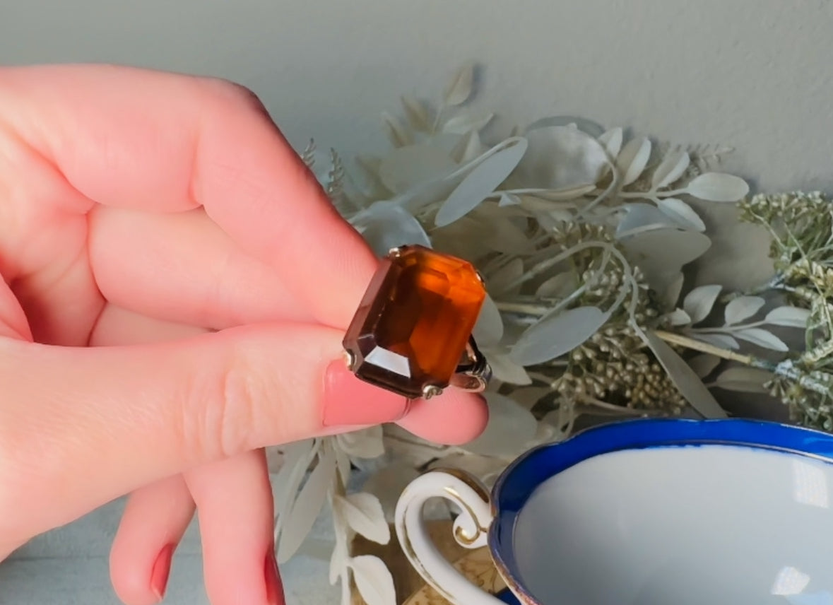 Vintage 70s Ring, Large Solitaire Topaz Rectangle Emerald Cut 1978 Smoky Lustre November Birthstone Cocktail Ring, Chunky Costume Jewelry