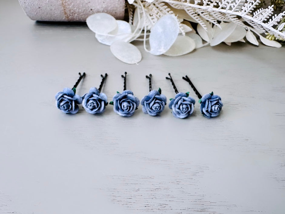 Dark Grey Rose Hair Pin Set, 6 Handmade Paper Flower Bobby Pins in Beautiful Deep Gray, Timeless Bridal Hair Accessories for Floral Wedding MPR6