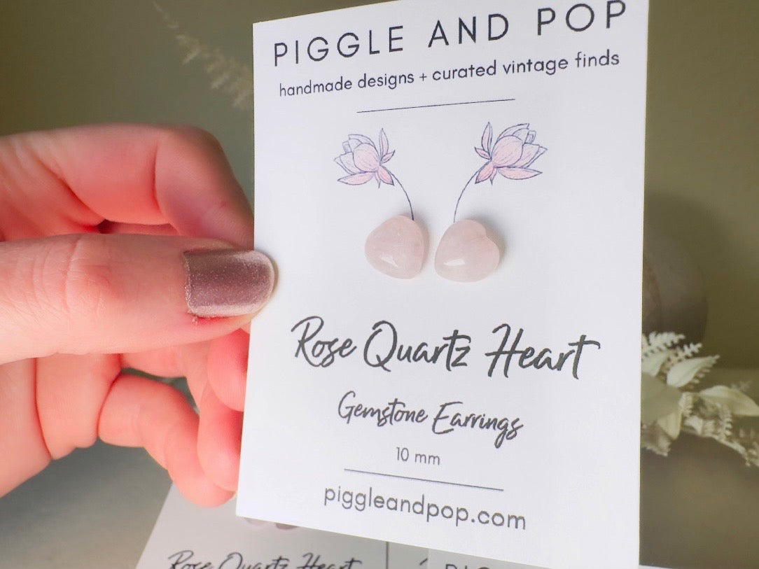 Rose Quartz Heart Earrings, Heart Stud Earrings, Pink Heart Earrings, Natural Crystal Jewelry, Cute Stud Earrings, Pink Gemstone Earrings