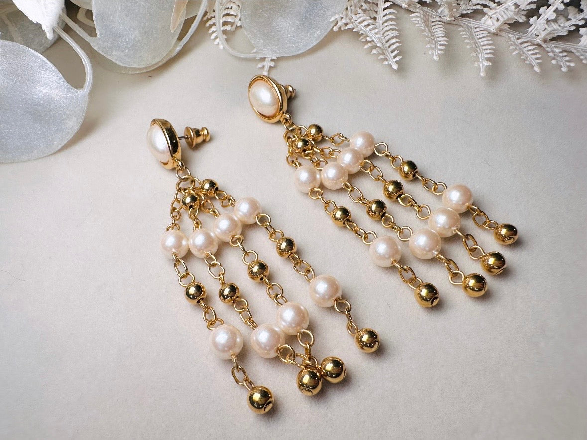 Vintage Trifari Pearl Chandelier Earrings, 1980s Signed Designer Earrings, Delicate Long Fine Gold Chain Tassels Cream Pearls