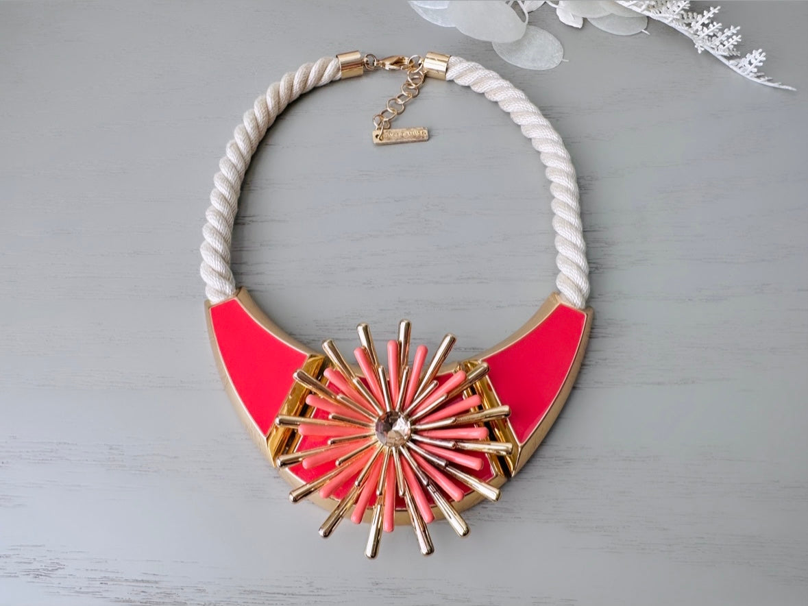 Coral and Gold Vintage Statement Necklace, Oversized Bib Necklace, Gold and Orange Pink Vintage Vince Camuto Designer, Big Holiday Necklace