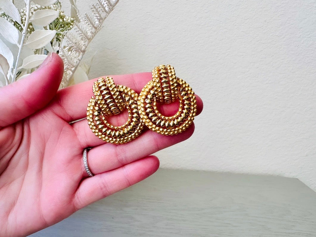 Gold Door Knocker Earrings, Glam 80s Vintage Textured Gold Hoop Clip On Earrings, 1980s Retro Fashion Earrings, Chunky Statement Earrings from Piggle and Pop