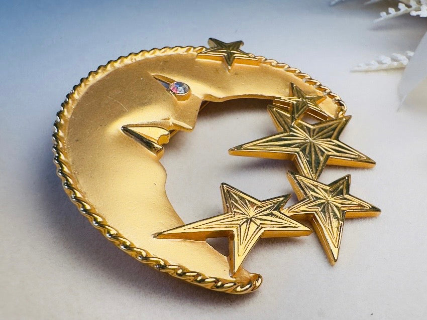 Moon and Stars Vintage Matte Gold JJ Brooch, Man in the Moon Oversized Celestial Jewelry