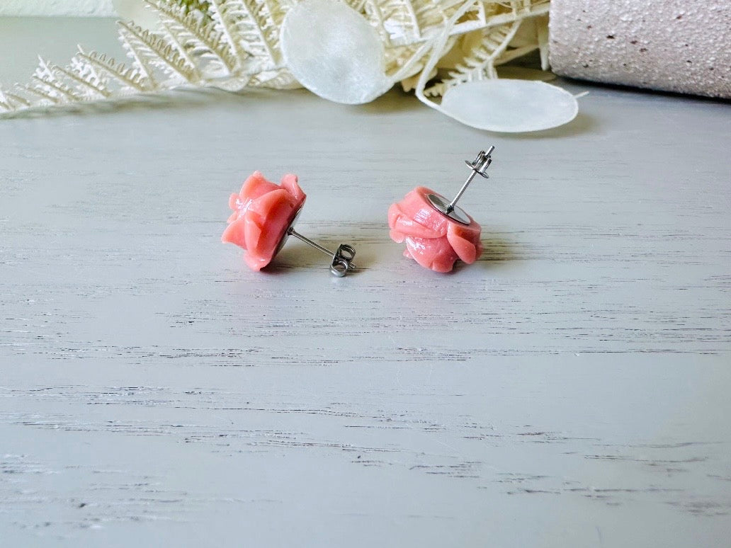 Coral Pink Rose Earrings, Large Rose Stud Earrings, Resin Cabochon Rosettes Hypoallergenic Surgical Steel Handmade Earrings Sensitive Ears