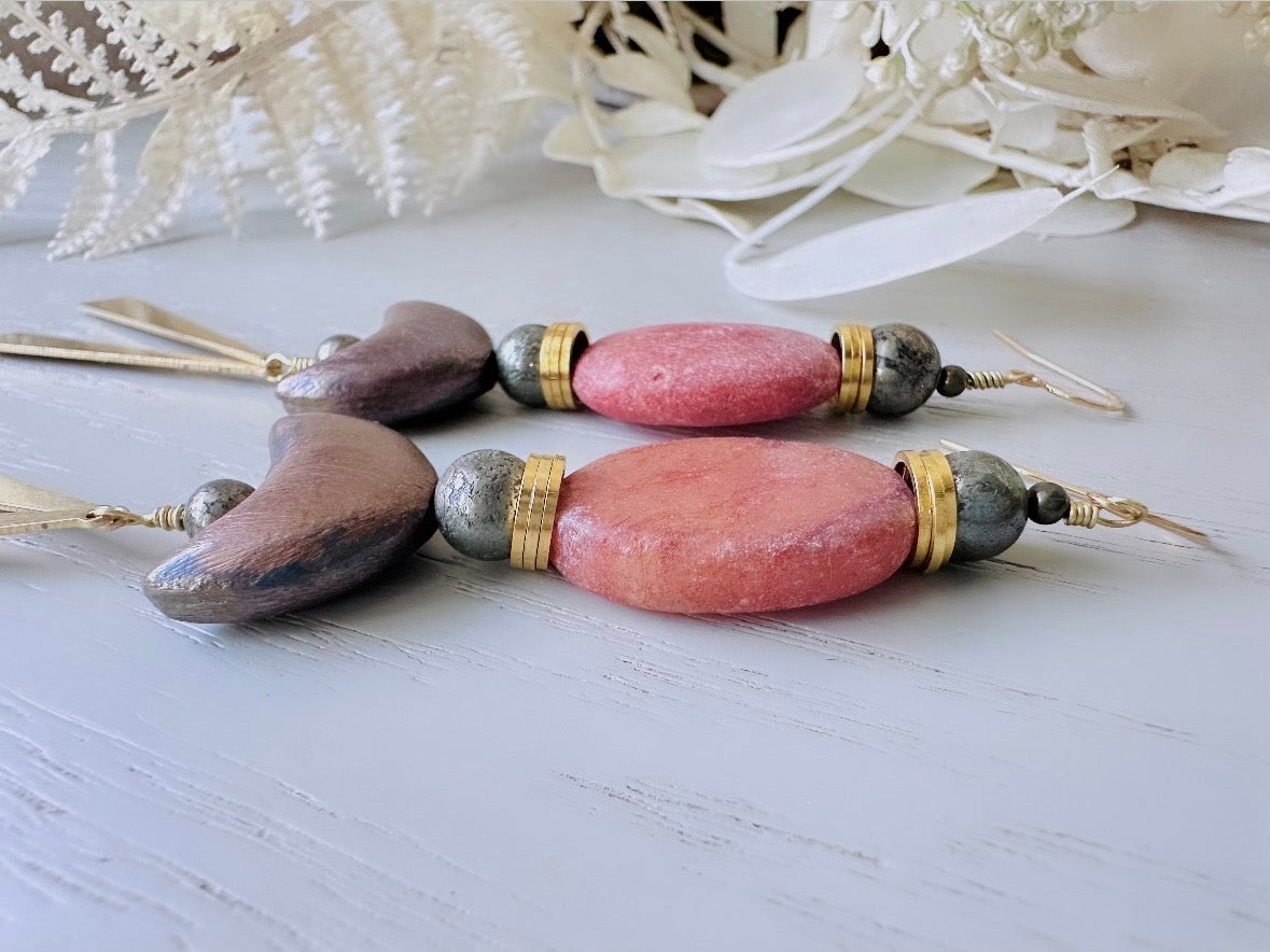 Handmade Stone Earrings, Extra Long Earthy Boho Duster Earrings, Unique Red Stone & Pyrite Orbs with Moon and Brass Dagger Charms