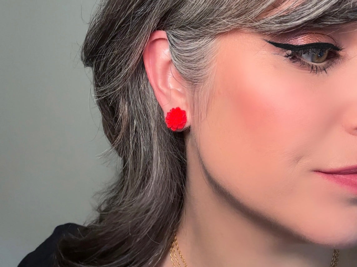 Red Flower Earrings, Handmade Floral Cabochon Resin Stud Earrings with Hypoallergenic Posts