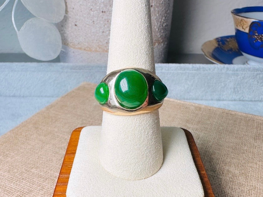 Vintage Green Cocktail Ring, Chunky Gold Ring with Three Bright Jade Cabochons, Stunning Large Statement Ring Size 9
