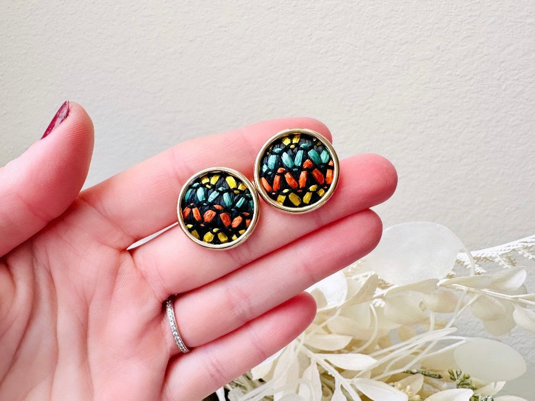 1960s Vintage Earrings, Unique Basket Weave Textile Button Studs, Black Orange Teal Yellow Gold Frame Clip On Earrings Sarah Coventry 1964