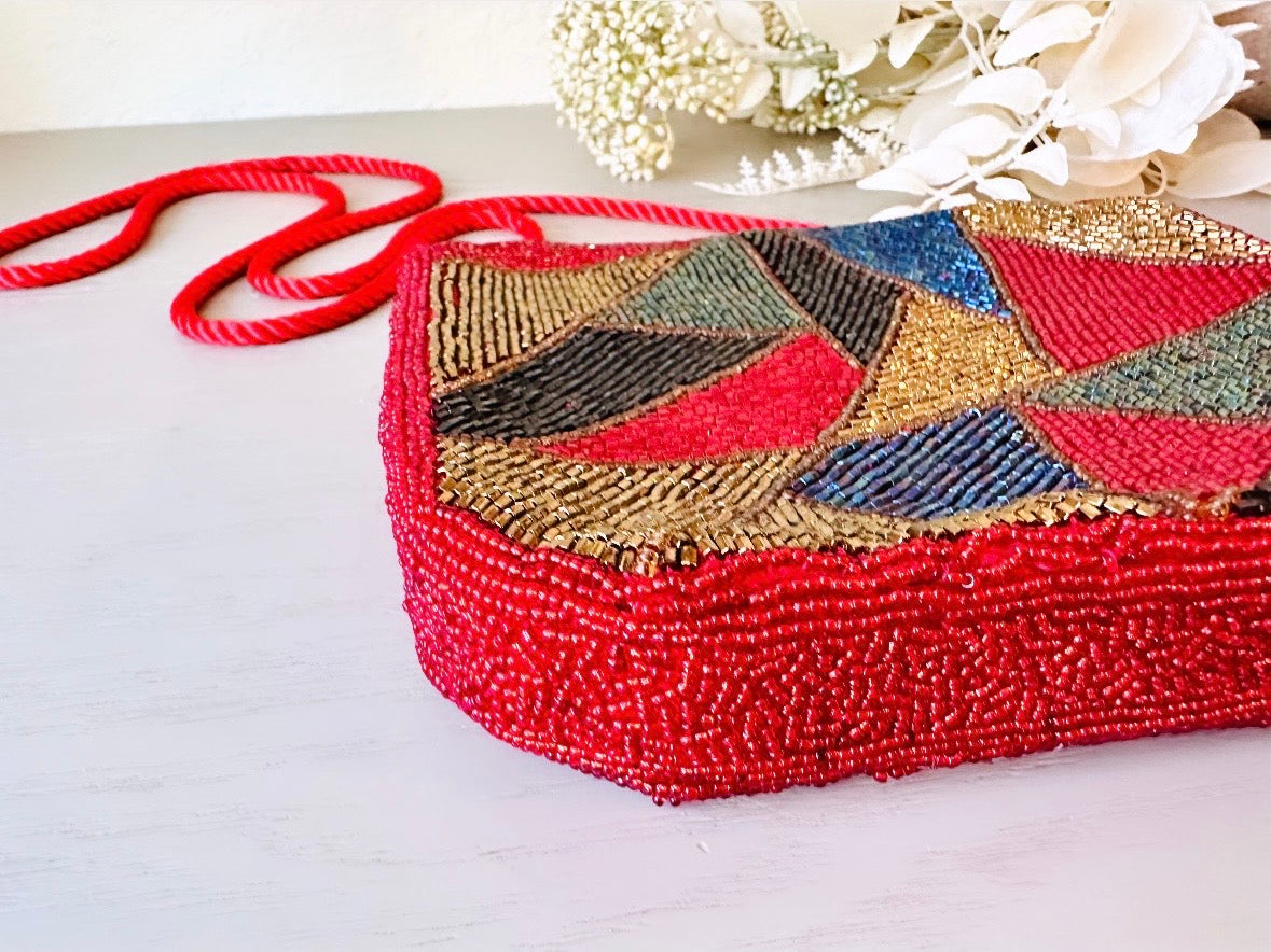 Red 1980s Vintage Beaded Handbag, Geometric Triangle Purse, Incredible 80s Hand Beaded Purse with Gold Black Blue and Peacock Green Accents