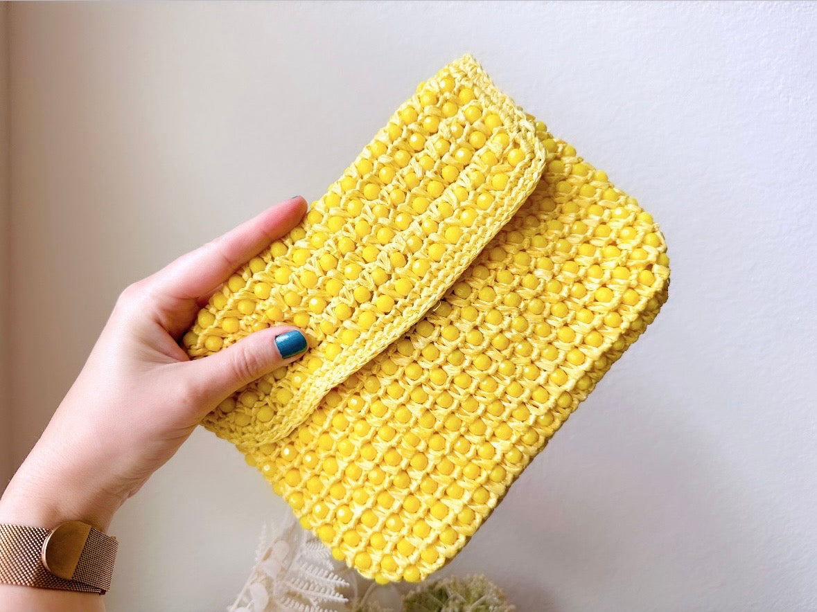 Vintage Yellow Handbag, Adorable Lemon Yellow '60s Clutch, Medium Canary Yellow Beaded Straw Fold Over Clutch, 1960s Cool Mod Summer Fashion