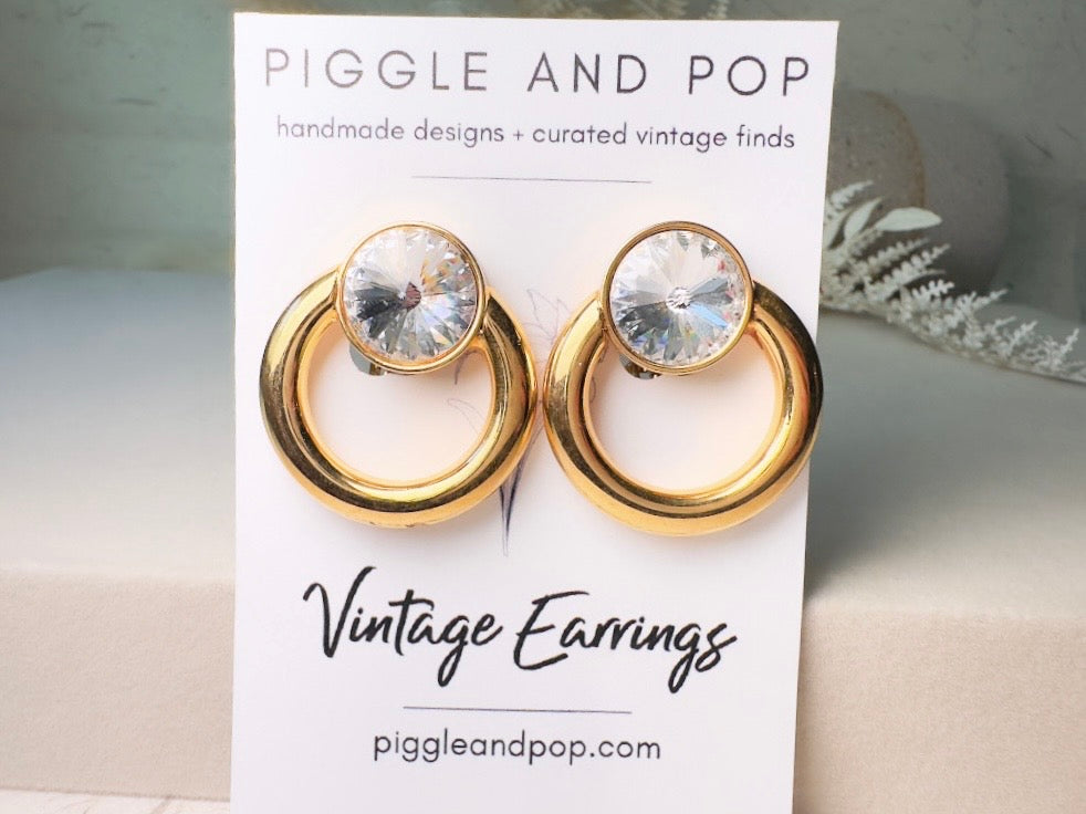 Bold 80s Door Knocker Earrings, Vintage Gold Hoop Earrings with Diamond Rhinestone Clip Earrings, Elegant 1980s Retro Fashion Earrings