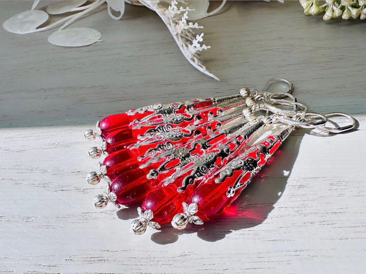 Red Teardrop Earrings, Beautiful Handmade Holiday Jewelry Gifts for Her, Striking Bright Red Glass Earring with Ornate Silver Filigree Cones