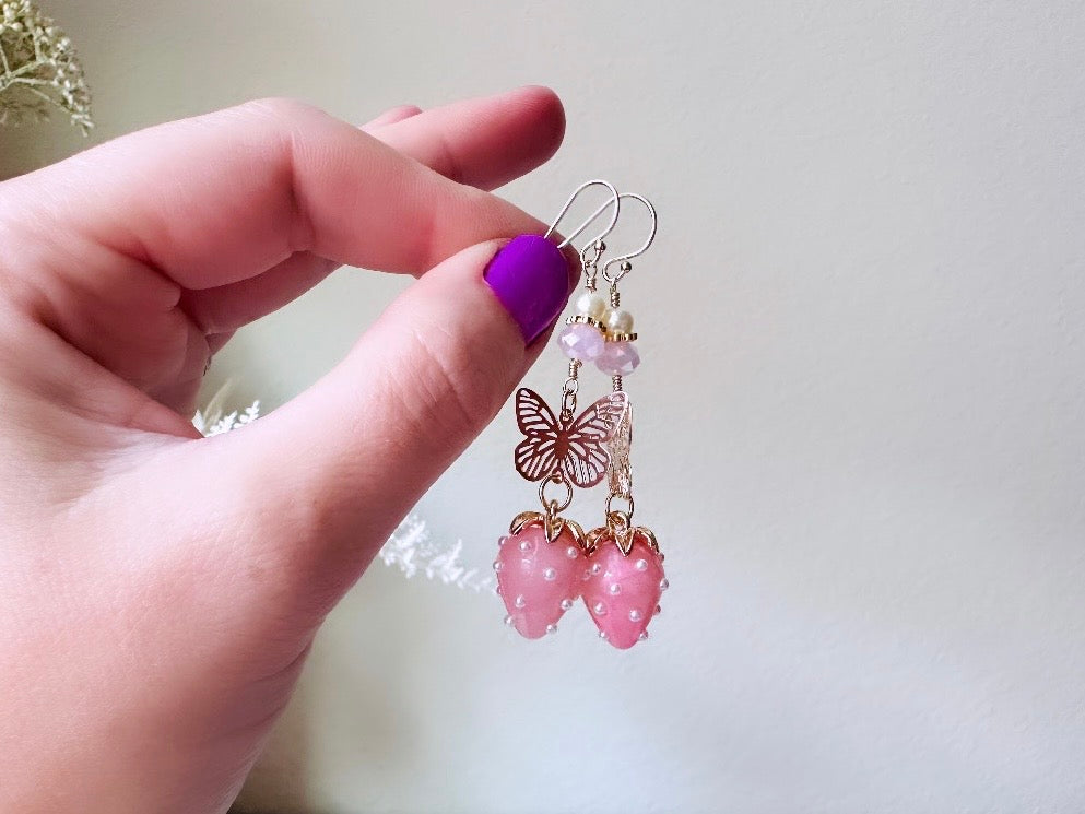 Pink Strawberry Earrings, Original Handmade 24k Gold Filigree Butterfly, Pearl and Crystal  Glass Dangle Earrings, Pretty Whimsical Earrings