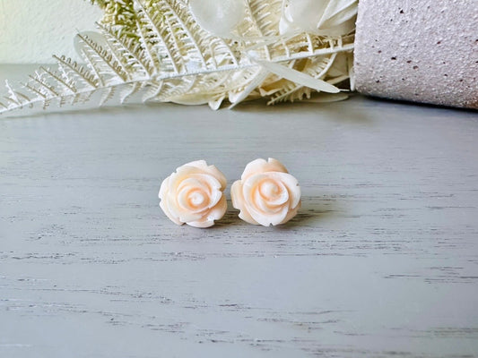 Peach Rose Earrings, Large Rose Studs, Floral Post Earrings, Peach Bridesmaids, Resin Cabochon, Peach Stud Earrings, Big Rose Earring Studs