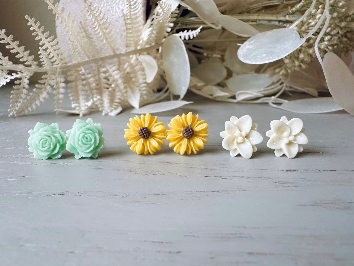 Spring Flower Earrings Gift Set, Yellow Gerber Daisy, Cream Lotus, Mint Rose, Cute Country Floral Hypoallergenic Surgical Steel Stud Earring