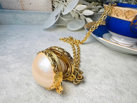 Pearl Locket Necklace, LCI Gold Locket Pearl Sphere Pendant Necklace, Long Gold Chain Vintage Liz Claiborne Pearl Locket Pendant