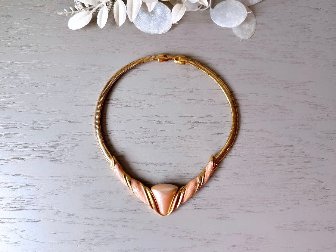 1980's Napier Necklace, Vintage 80s Peach and Gold Enamel Choker Necklace, Geometric Bib Necklace, Pearlized Retro Gold Collar Necklace