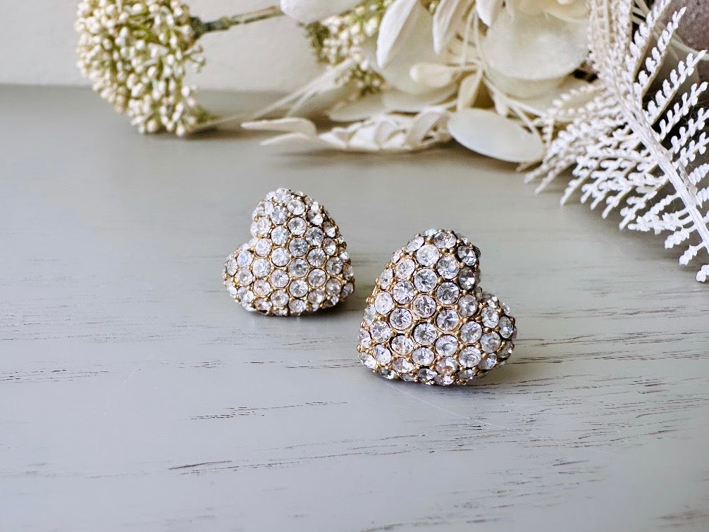 Rhinestone Heart Vintage Earrings, Sparkling Silver Swarovski Pave Set Crystal Earrings, Monet Clip On Earrings, Designer 1980s Earrings