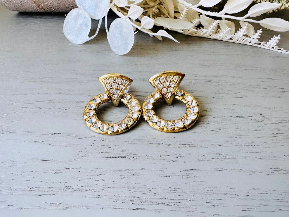 Rhinestone Pave 80s Door Knocker Earrings, Bold Glam Vintage Gold Hoop Clip On Earrings, Elegant 1980s Retro Fashion Earrings