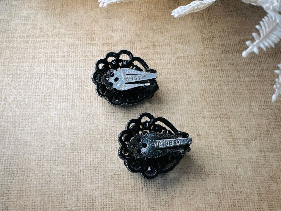 All Black 1960's Sparkling Earrings, 60s Signed Designer Weiss Vintage Teardrop Clip On Black Rhinestone on Black Enamel Earrings