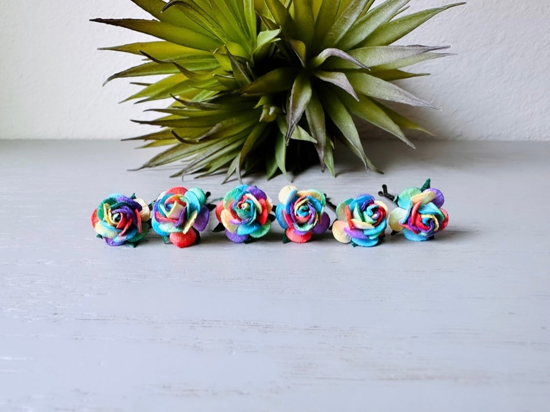 Rainbow Hair Pins, Colorful Rainbow Swirl  Bobby Pins, Lovely lgbtqia Wedding Flower Hair Pins, Cute Whimsical Paper Hair Flowers MPR6