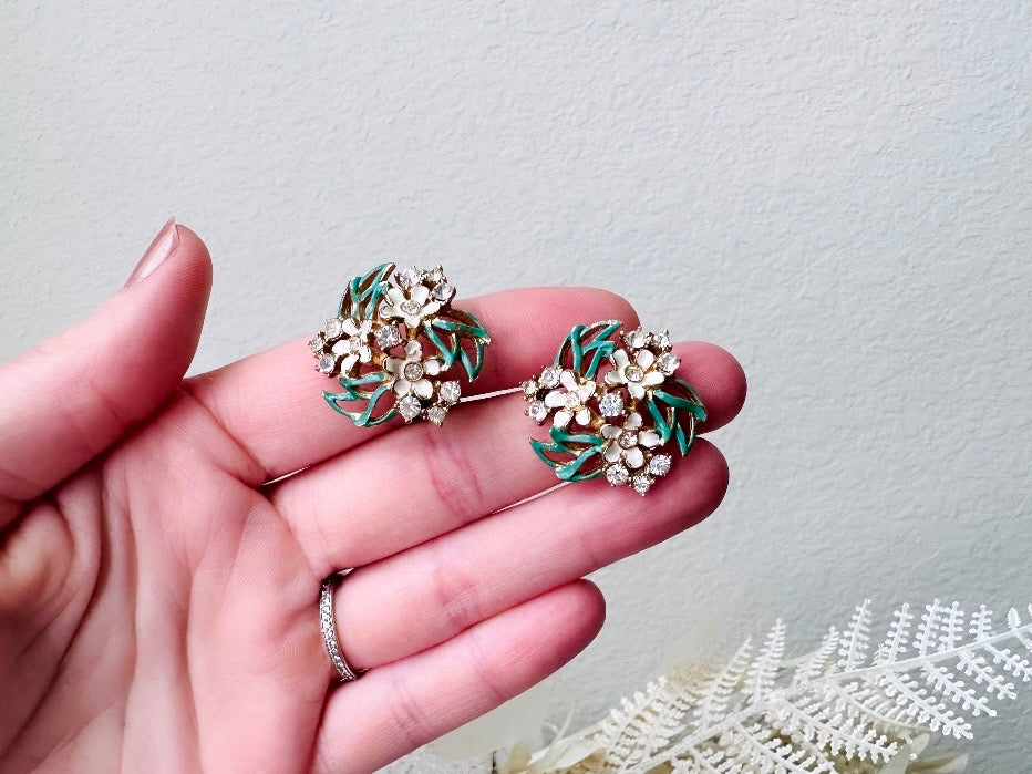 Vintage Enamel Flower Earrings, 1940s Charel Gold Floral Earrings w Green & Cream Painted  Flower Clusters, Clip On Designer Signed Earrings