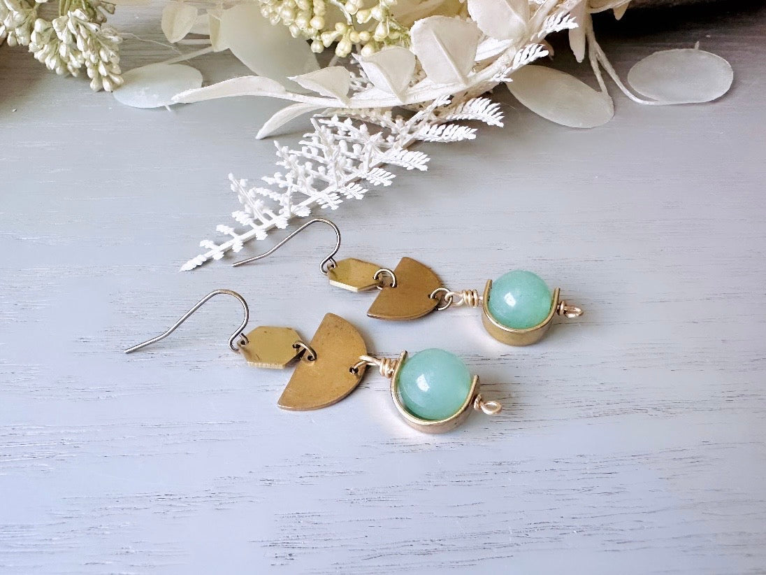 Green Aventurine + Raw Brass Earrings, Green Gemstone Bead Frame Earring, Geometric Tiered Half Moon, Boho Style Minimalist Stone Jewelry