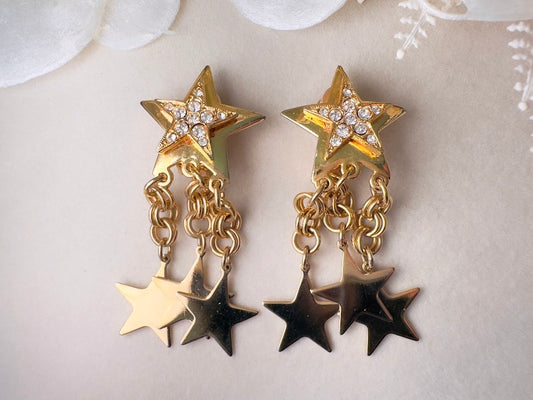 Vintage Star Earrings, Gold Star Pave Rhinestone Chain Tassel Clip Ons