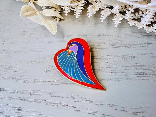 Colorful Heart Brooch, Laurel Burch Red Blue and Purple Signed Dove Heart Bird Pin