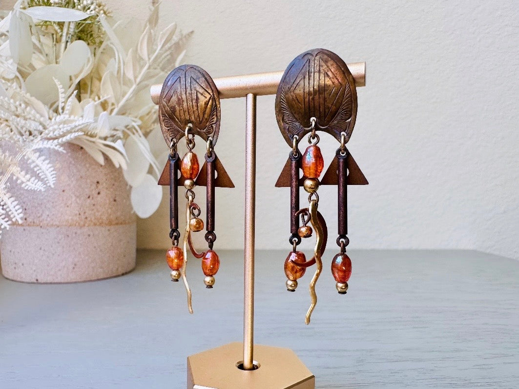 Vintage Moon Earrings, 1980s Runway Brutalist Distressed Earrings, with Amber Glass and Bronze Charms, Dangling Boho Earrings