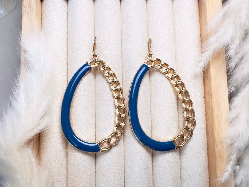Teardrop Hoop Earrings with Blue Enamel and Gold Chain, Unique 80s Vintage Drop Earrings