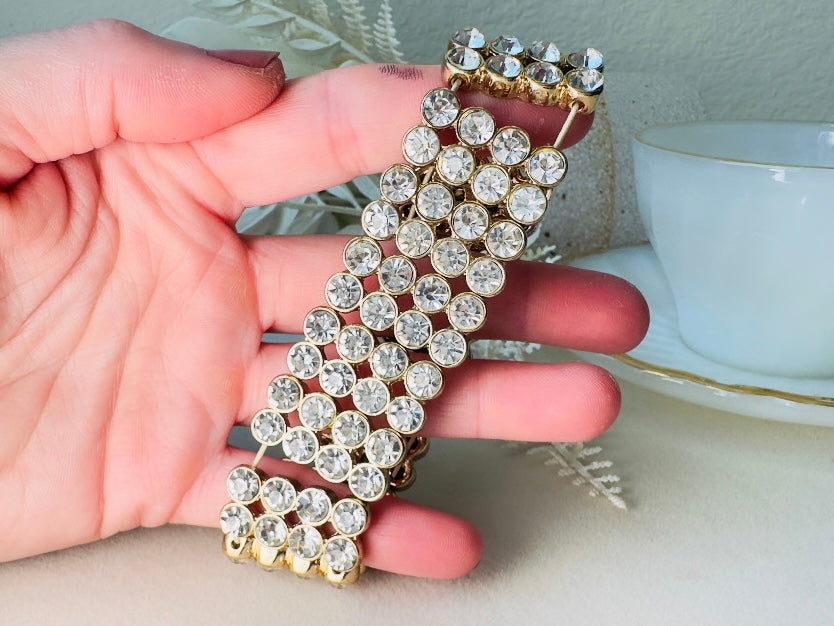 Vintage Rhinestone Stretch Bracelet, Sparkling Wide Band 4 Four Layer Cuff