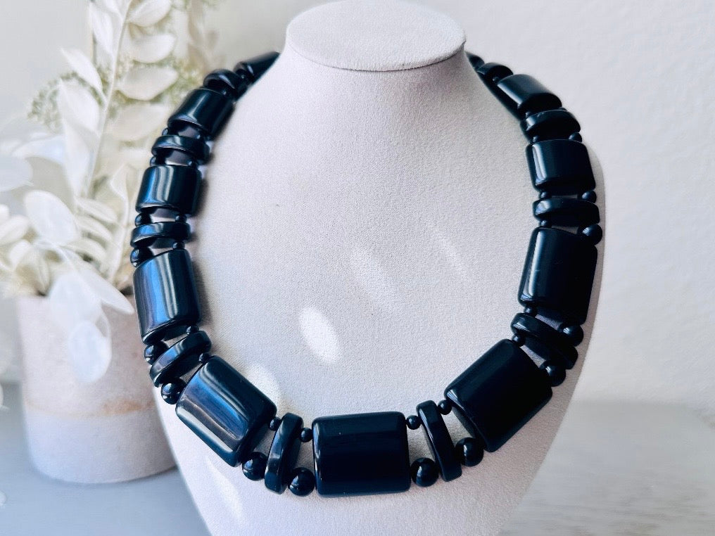 Vintage Black Monet Necklace, Runway Couture Jet Black Lucite Beaded Necklace w Stunning Gold Clasp, Rare Signed Designer Vintage Necklace