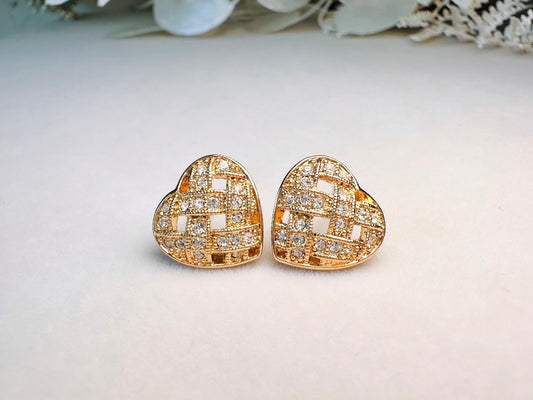 Napier Heart Earrings, Woven Gold Pave Crystal Designer Vintage Earrings