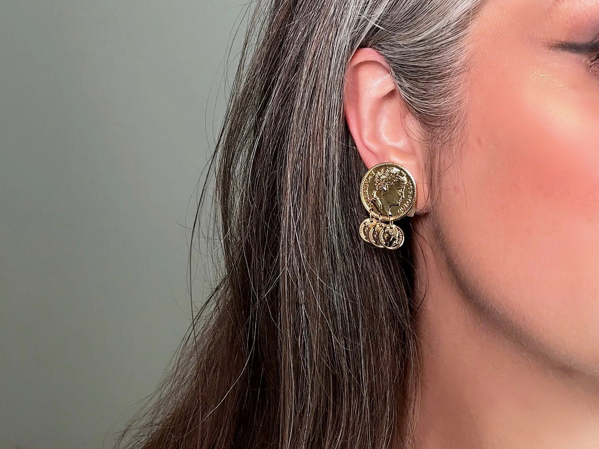 Gold Coin Earrings, Vintage 1970s Roman Earrings, 1971 Napoleon Gold Medallion Chandelier Earrings, Etruscan Style Dangle Charm Earrings
