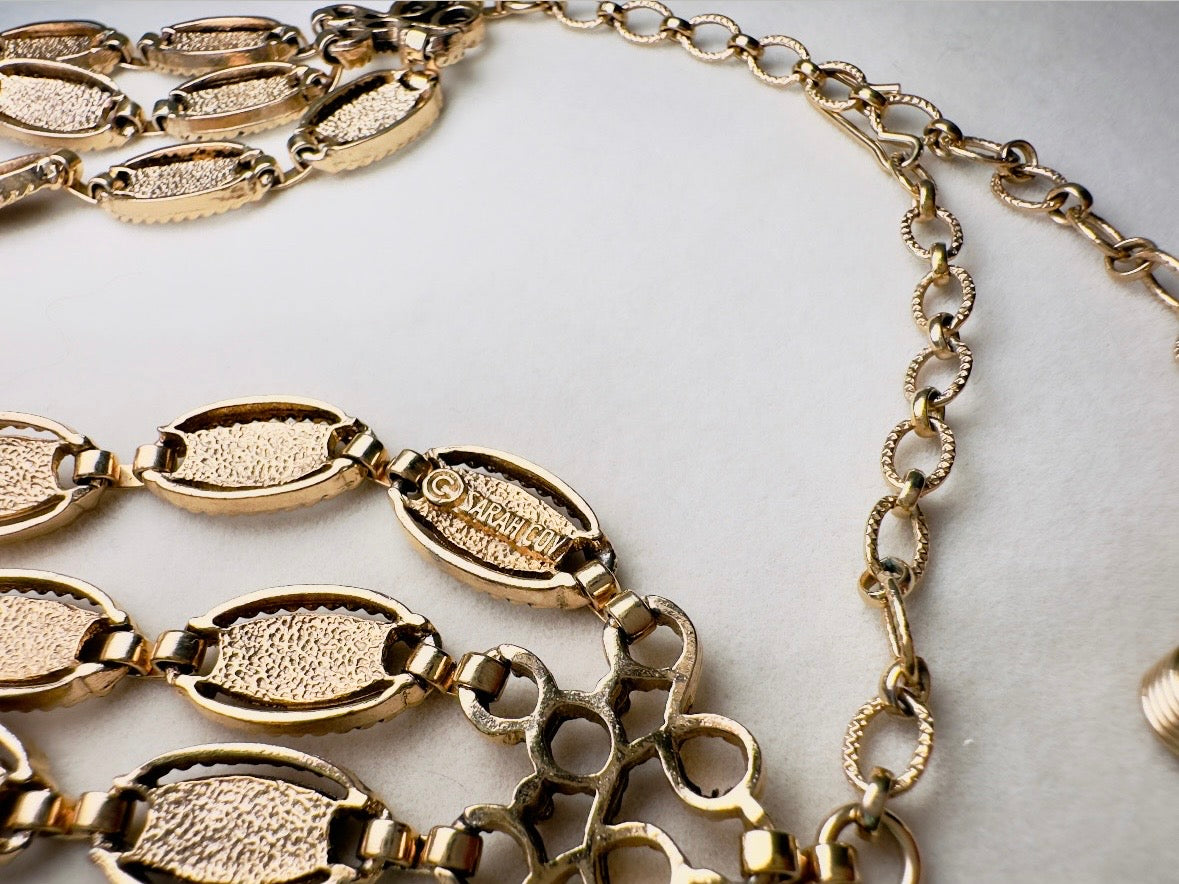 Vintage Triple Strand Gold Chain Necklace, 1960s Desert Flowers Chunky Gold Cleopatra Collar Necklace, Adjustable Length Statement Necklace
