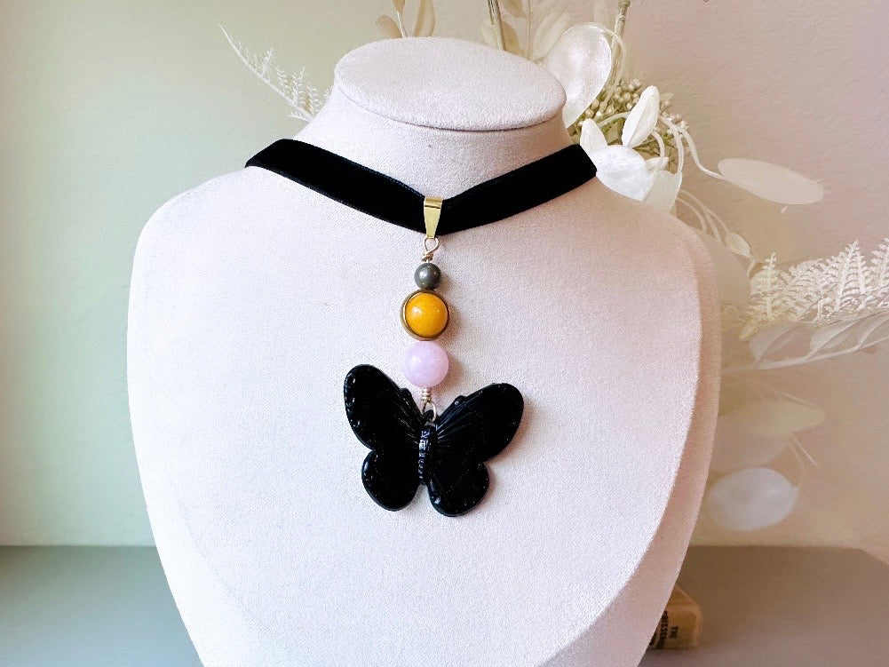 Gemstone Butterfly Choker, Whimsical Handmade Black Velvet Choker Necklace, Whimsigoth Rose Quartz Yellow Jade & Pyrite Orbs Black Butterfly