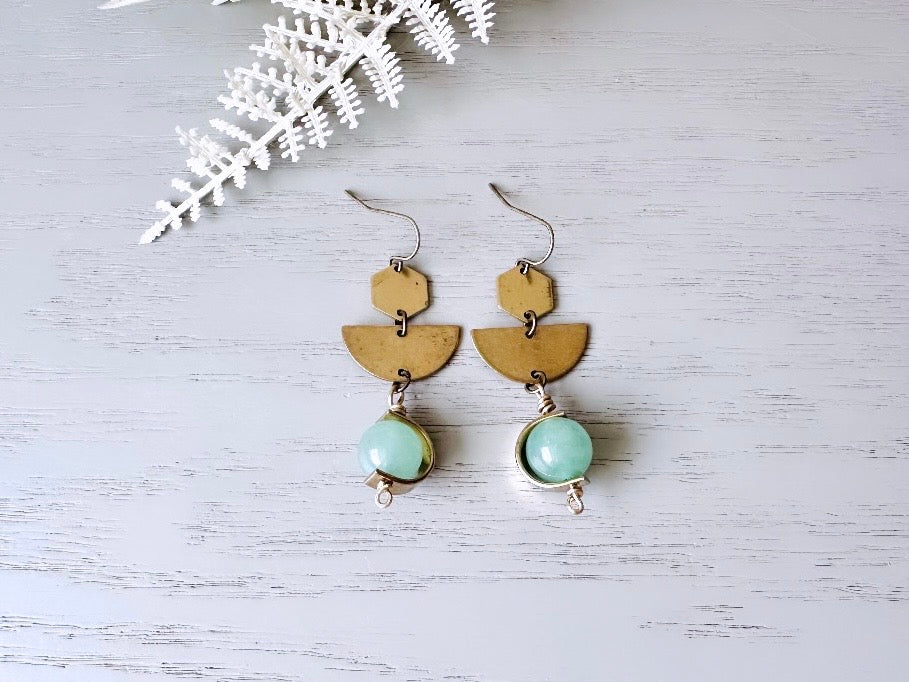 Green Aventurine + Raw Brass Earrings, Green Gemstone Bead Frame Earring, Geometric Tiered Half Moon, Boho Style Minimalist Stone Jewelry