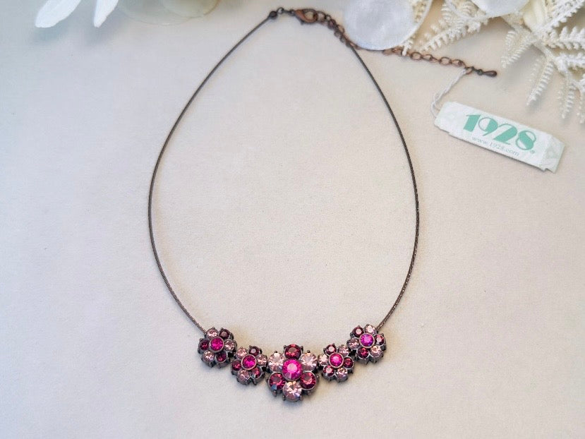 1928 Magenta Pink Rhinestone Floral Bronze Wire Necklace, 90s/Y2K NWT