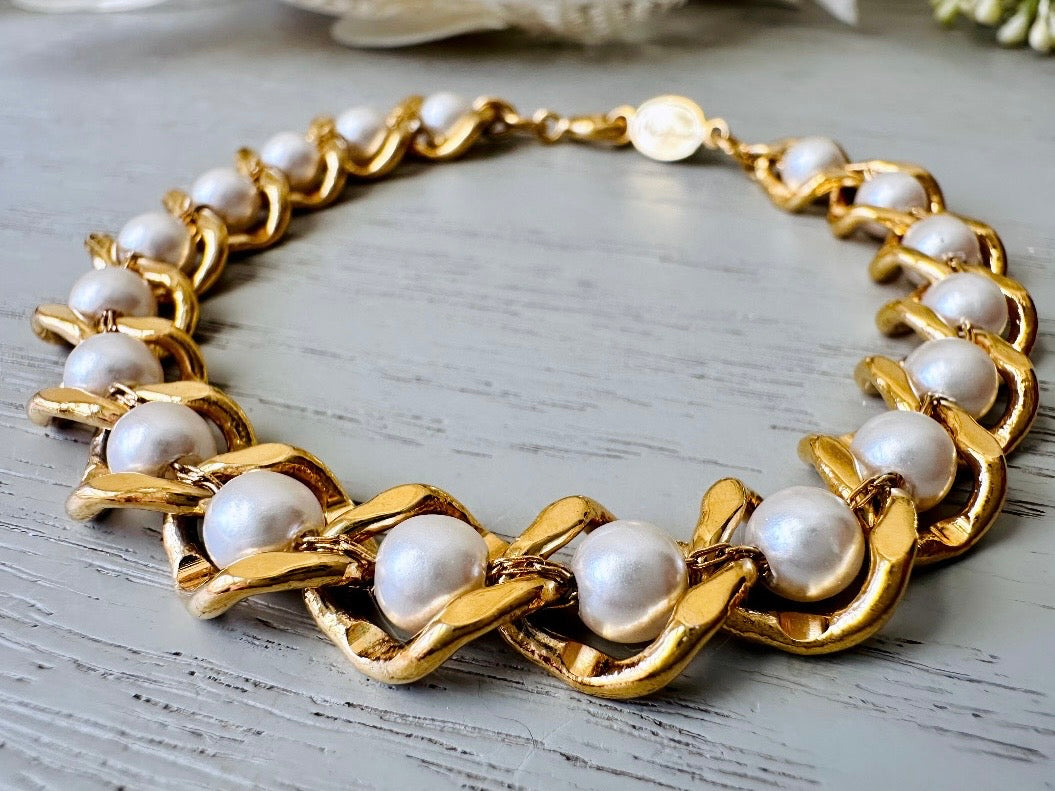 Vintage Gold Link Pearl Bracelet, Napier Pearl and Gold Bracelet, VTG 7.5" Bracelet, Classic Gold Chain Delicate Designer Vintage Bracelet